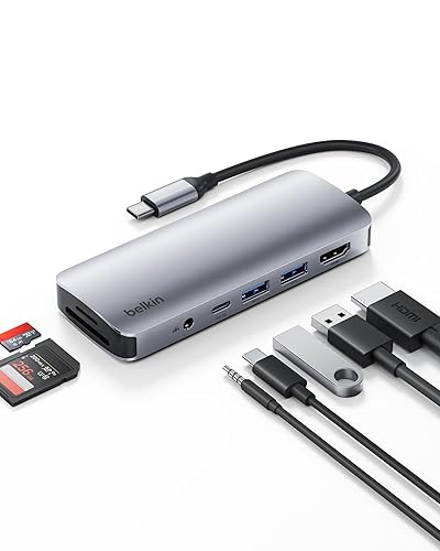 Belkin USB-C Hub, 7-in-1 Multiport Adapter - USB Docking Station with 4K HDMI, USB-C PD 3.0 Port, 2 x USB-A 3.1 Ports, SD Card & MicroSD Card Slots, & 3.5mm Audio Jack for MacBook, Air, iPad Pro, XPS 7-in-1 MultiPort Hub, 4K 60Hz