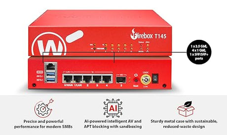 WatchGuard Firebox T145 with 5 Year Standard Support - Tabletop Firewall, 2.5Gb, 1Gb & SFP Ports, Enterprise Security for Branch Locations (WGT145005)