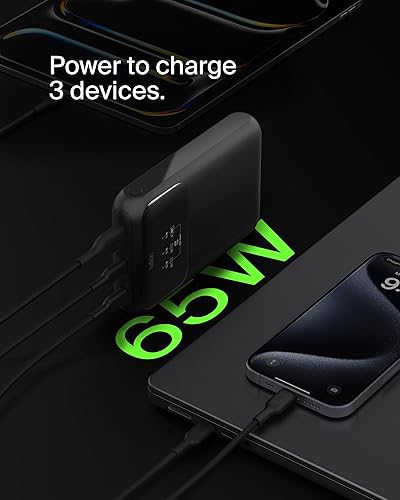 Belkin BoostCharge 3-Port Laptop Power Bank 20K w/USB-C & USB-A Ports, Fast Charge USB-C Power Delivery, Portable iPhone Charger for MacBook, iPhone 16 Series, iPad Pro, Galaxy S24, & More - Black