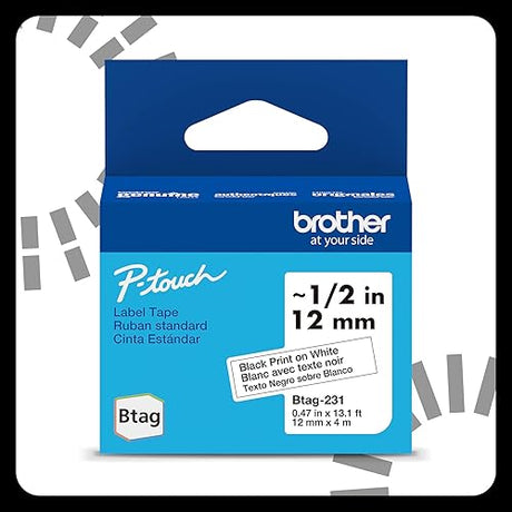 Brother Genuine BTAG231 Non-Laminated Tape for P-Touch Label Makers, Black on White – 12 mm Wide x 4 m Long