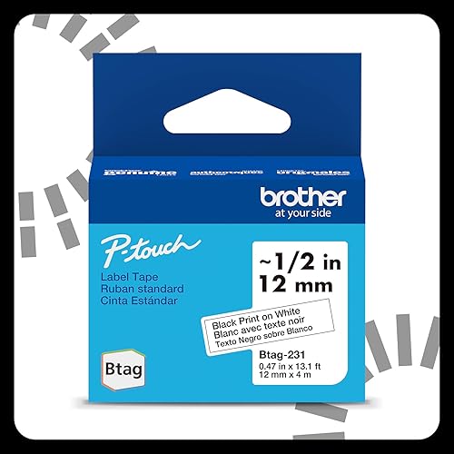 Brother Genuine BTAG231 Non-Laminated Tape for P-Touch Label Makers, Black on White – 12 mm Wide x 4 m Long