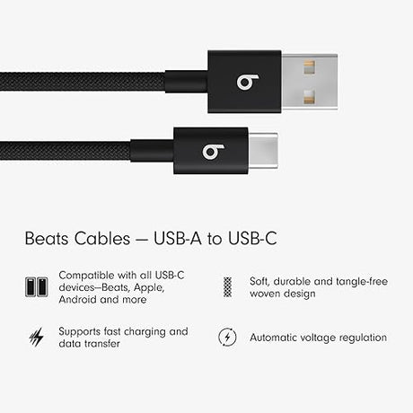 Beats USB-A to USB-C Woven Cable Fast Charging Durable and Tangle-Free Design Compatible Charger for Apple & Android Devices (1.5 m) - Bolt Black Bolt Black (1.5 m)