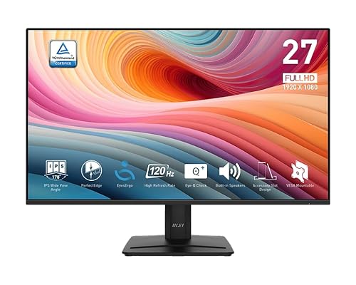MSI PRO MP275 E2 27-inch IPS 1920 x 1080 (FHD) Gaming Office Monitor, 120Hz, Free-Synch, HDMI, DisplayPort, VGA Port, VESA Mountable, Tilt, Speaker, 4-Side Slim Bezel 1ms, Black