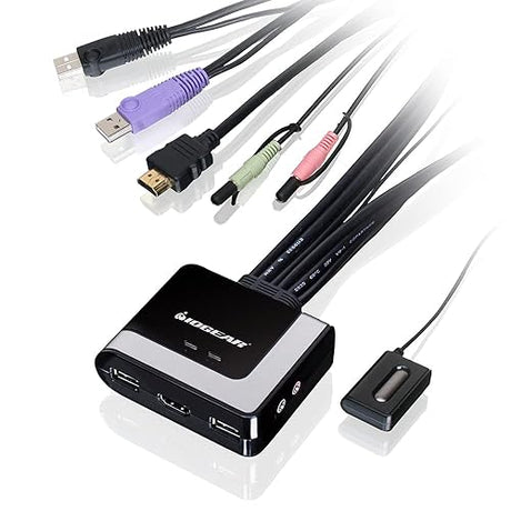 IOGEAR 2-Port USB HDMI Cabled KVM Switch - 1920 x 1200 60Hz - Hotkey or Remote Button Switch - 2.1 Stereo - USB 2.0 Mouse Port Can Be Used As USB Hub and USB Peripheral Sharing - Mac / Win - GCS62HU 2-Port HDMI