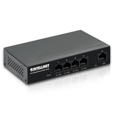 Intellinet 5-Port Gigabit Ethernet Poe+ Switch – 4 Poe+ Ports @40W Budget, up to 30W Per Port - 10Gbps Switching Capacity, Unmanaged, Wall Mountable, Fanless, Durable Metal – 3 Yr Mfg Warranty-561792