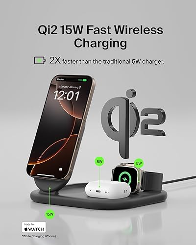 Belkin 3-in-1 MagSafe-Compatible iPhone Charger 15W, Foldable Magnetic Qi2-Certified Wireless Charging Station for iPhone 16, Apple Watch Series 10, AirPods 4, and More, w/Non-Slip Base & PSU - Black Black 3 in 1