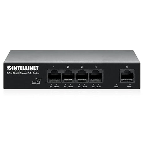 Intellinet 5-Port Gigabit Ethernet Poe+ Switch – 4 Poe+ Ports @40W Budget, up to 30W Per Port - 10Gbps Switching Capacity, Unmanaged, Wall Mountable, Fanless, Durable Metal – 3 Yr Mfg Warranty-561792