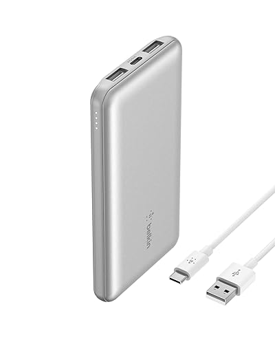 Belkin Portable Charger, USB-C Power Bank 10k w/ 1 USB-C Port and 2 USB-A Ports with USB-A to USB-C Cable for iPhone 16, 16 Plus, 16 Pro, 16 Pro Max, Samsung Galaxy S24, & More - Silver