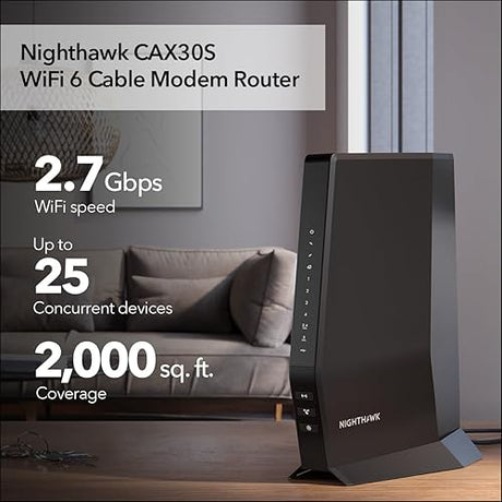 NETGEAR Nighthawk Modem Router Combo (CAX30S) DOCSIS 3.1 Cable Modem and WiFi 6 Router - AX2700 6.0 Gbps - Compatible with Xfinity, Spectrum, Cox, and More - Gigabit Wireless Internet - NETGEAR Armor 2.7Gbps, DOCSIS 3.1, WiFi 6