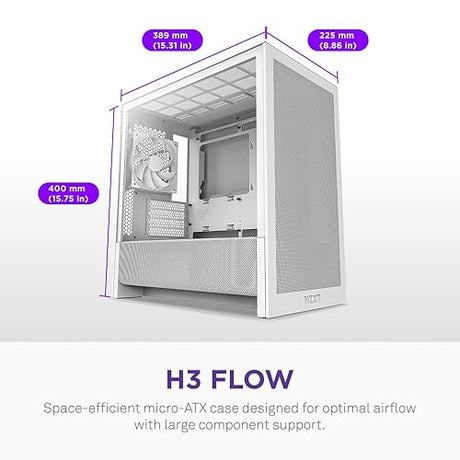 NZXT H3 Flow – Micro-ATX PC Case – Optimized Airflow – Includes 1 x 120mm Rear Fan – Supports Full-Sized GPUs – Fits 280mm Front, 240mm Top Radiator – Back-Connect Motherboard – White H3 Flow Non RGB Fans White