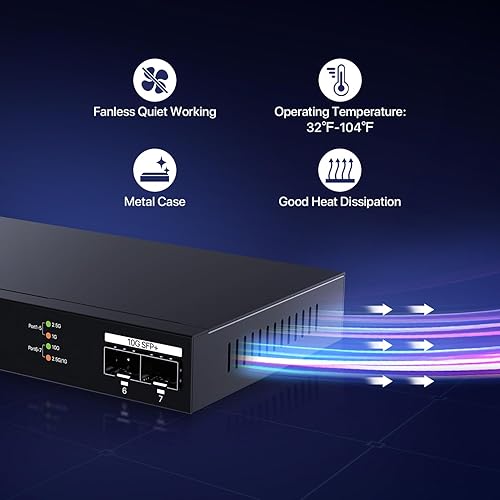 Tenda TEM2007X, 5 Port 2.5G Ethernet Switch, Unmanaged 10Gb Switch with 5 x 2.5G Ports & 2 x 10Gb SFP+ Slots, 50Gbps Switching Capacity, Plug & Play, Desktop/ Wall-Mount, Fanless Metal Design