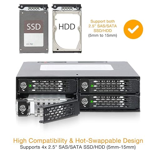 ICY DOCK Rugged 4 x 2.5 SAS/SATA HDD/SSD Mobile Rack Enclosure for 5.25 Bay (with Keylock) | ToughArmor MB994SK-1B 4 Bay Lock