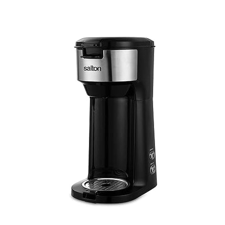 Salton 2-in-1 Coffee Maker - Single-Serve Ground Coffee Capsules with Reusable Mesh Filter Included, Brews 6 to 14 Ozs & Fits Standard-Size Travel Mug