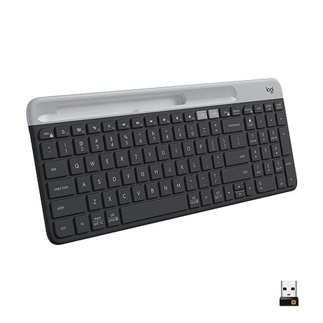 Logitech K585 Multi-Device Slim Wireless Keyboard, Built-in Cradle for Device; for Laptop, Tablet, Desktop, Smartphone, Win/Mac, Bluetooth/Receiver, Compact, Easy Switch, 24 Month Battery - Graphite Graphite Keyboard (New)