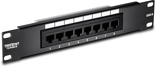 TRENDnet 8-Port Cat6 Unshielded Patch Panel, TC-P08C6, Rackmount, 10 Inch Wide, 8 x Gigabit RJ-45 Ethernet Ports, Pre-Numbered Ports, 250 Mhz Connection, Color Coded Labeling, 110 IDC Terminal Blocks
