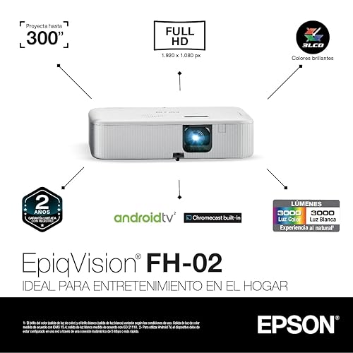 Epson EpiqVision Flex CO-FH02 Full HD 1080p Smart Streaming Portable Projector, 3-Chip 3LCD, 3,000 Lumens Colour/White Brightness, Android TV, Bluetooth, 300-Inch Home Entertainment/Work - White