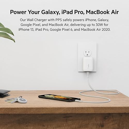 Belkin USB C Charger Block 30W - USB-C to Lightning Cable Included - PPS PD 3.0 Super Fast Charging - Samsung Galaxy S25, Apple iPhone 14, 14 Pro, 14 Pro Max, iPhone 13, & More - White