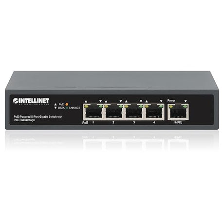 Intellinet PoE++ Powered 5 Port Gigabit Ethernet Switch with PoE Passthrough - 65W Power Budget via AC Power & 95W Power Budget via POE PD, 30W per Port, Fanless & Quiet–3 Yr Mfg Warranty-561808