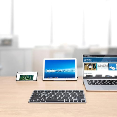 MANHATTAN Small Bluetooth Wireless Keyboard - Dual Modes of 2.4G + Bluetooth 4.2 - Connects Up to 3 Devices – Slim Mini Size – for Tablet, Mac, iPad, Android, Windows –3 Yr Mfg Warranty –180559
