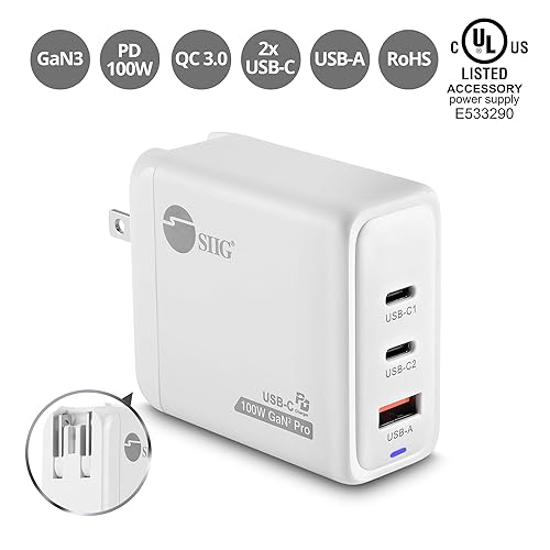 SIIG 100W USB C Charger, 3-Port GaN 3 Pro Fast Wall Charger, 2 USB-C PD 3.0, 1 USB-A QC 3.0 Ports, Compact Foldable Plug, ETL Certified, for MacBook, iPhone, Samsung Galaxy, and More (AC-PW1Z11-S1)