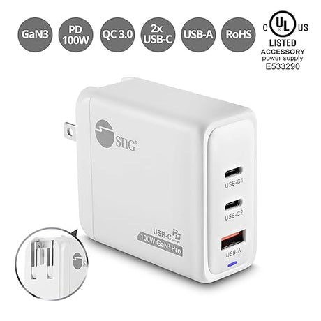 SIIG 100W USB C Charger, 3-Port GaN 3 Pro Fast Wall Charger, 2 USB-C PD 3.0, 1 USB-A QC 3.0 Ports, Compact Foldable Plug, ETL Certified, for MacBook, iPhone, Samsung Galaxy, and More (AC-PW1Z11-S1)