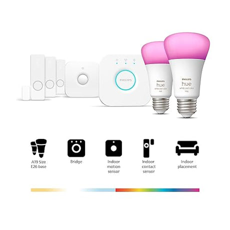 Philips Hue Secure Starter Kit - Includes 3 Secure Contact Sensors (White), 1 Indoor Motion Sensor, 1 Bridge, 2 White & Color Ambiance Smart Bulbs - Easy to Install, Works with Hue App