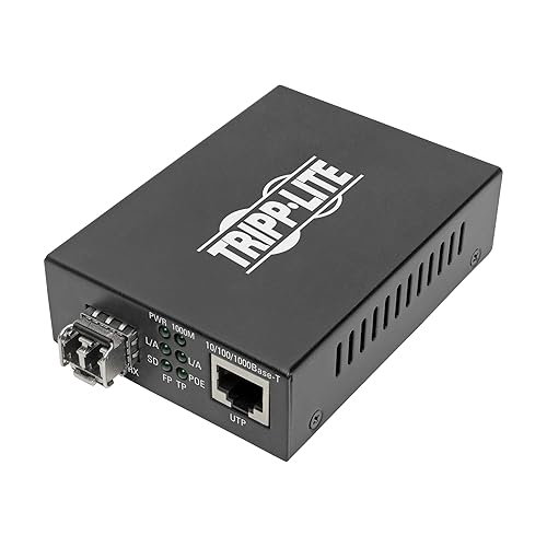 Tripp Lite Multimode Fiber Optic to RJ45 Ethernet, PoE+ 48 VDC, 10/100/1000 Mbps, LC Connectors, 850nm, International Power Cables, Extends up to 550 M / 1800 ft, 2-Year Warranty (N785-INT-PLCMM1)