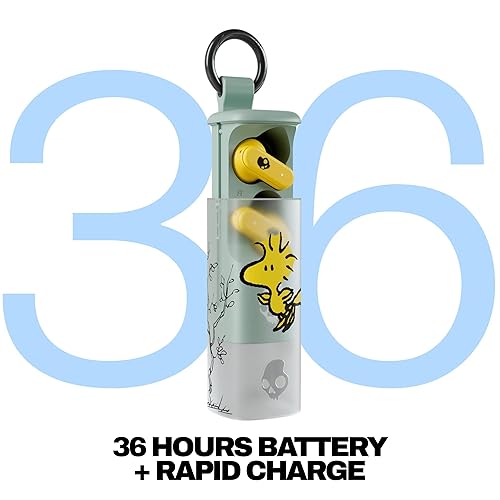 Skullcandy Dime Evo Wireless Earbuds, Bluetooth Headphones, Noise Isolating Fit, Up to 36 Hours Battery, Microphone for iPhone Android, Easy Carry with Clip-Anywhere Case - Peanuts Woodstock