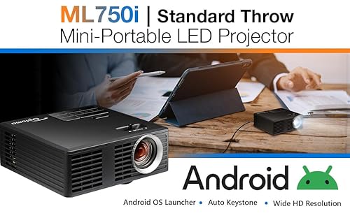 Optoma ML750i Mini Portable Business LED Projector - WXGA 1280 x 800, 450/700 Lumens, Under 1lb., Project via HDMI, USB-A, or MicroSD, Screen Mirror Wirelessly with Mobile Devices