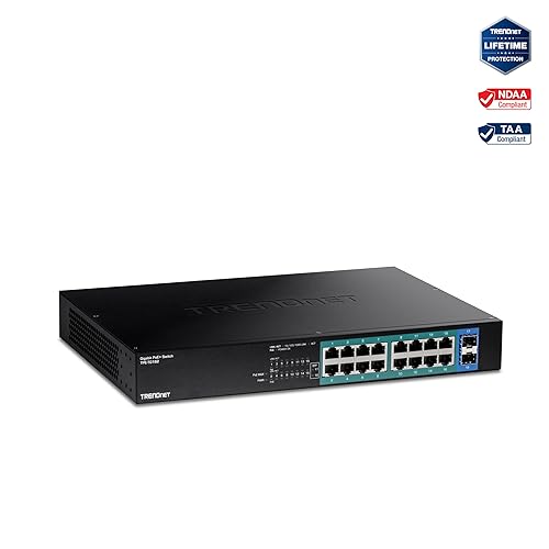 TRENDnet 18-Port Gigabit PoE+ Switch, 16 x 30W PoE+ Ports, 2 Gigabit SFP Slots, 240W PoE Budget, 36Gbps Switching Capacity, 1U 19” Rack Mountable, Lifetime Protection, Black, TPE-TG182