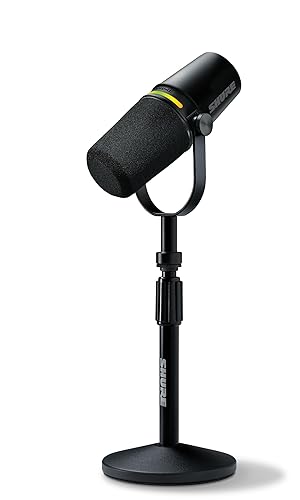 Shure MV7+ Podcast Dynamic Microphone with Stand – OBS Certified, Enhanced Audio, LED Panel, USB-C & XLR Outputs, Auto Level Mode, Digital Pop Filter – for Podcasting, Streaming, and Recording, Black Desk Stand