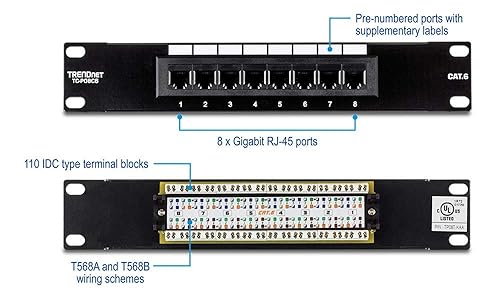 TRENDnet 8-Port Cat6 Unshielded Patch Panel, TC-P08C6, Rackmount, 10 Inch Wide, 8 x Gigabit RJ-45 Ethernet Ports, Pre-Numbered Ports, 250 Mhz Connection, Color Coded Labeling, 110 IDC Terminal Blocks