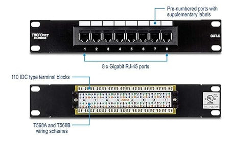 TRENDnet 8-Port Cat6 Unshielded Patch Panel, TC-P08C6, Rackmount, 10 Inch Wide, 8 x Gigabit RJ-45 Ethernet Ports, Pre-Numbered Ports, 250 Mhz Connection, Color Coded Labeling, 110 IDC Terminal Blocks