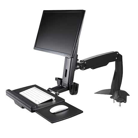 StarTech.com Sit Stand Monitor Arm - Desk Mount Adjustable Sit-Stand Workstation Arm for Single 27 VESA Mount Display - Ergonomic Articulating Standing Desk Converter with Keyboard Tray (ARMSTSCP1) Desk Mount – Spring Arm Black