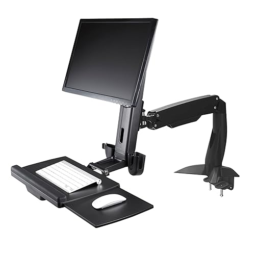 StarTech.com Sit Stand Monitor Arm - Desk Mount Adjustable Sit-Stand Workstation Arm for Single 27 VESA Mount Display - Ergonomic Articulating Standing Desk Converter with Keyboard Tray (ARMSTSCP1) Desk Mount – Spring Arm Black