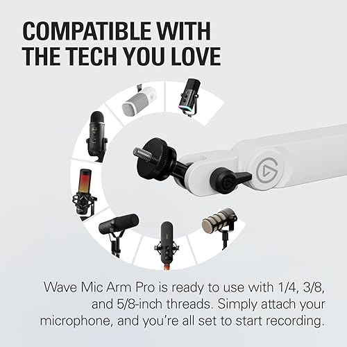 Elgato Wave Mic Arm Pro White - 360° Rotatable Low Profile Gas Spring Microphone Arm, Works with Elgato Mics/Shure SM7B/HyperX QuadCast/Rode/Blue Yeti & More – for Broadcasting/Podcasting/Streaming