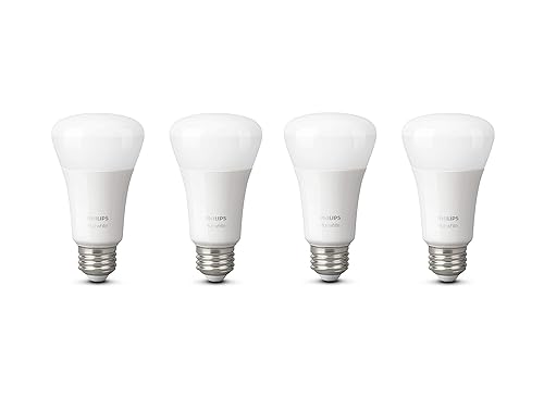 Philips Hue White 10W Equivalent 60W A19 Base E26 LED Smart Bulb, Dimmable, Bluetooth & Zigbee Compatible, Voice Activated with Alexa & Google Assistant, 4-Pack