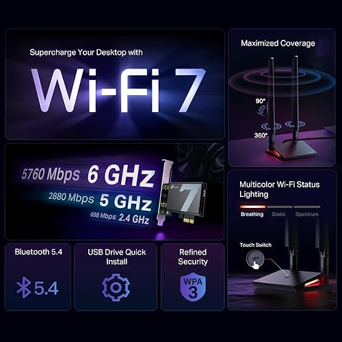 TP-Link Wi-Fi 7 BE9300 PCIe WiFi Card for Desktop PC (Archer TBE550E) - Bluetooth 5.4, WPA3,Tri-Band 9338 Mbps,Multi-Directional Antennas, and USB Drive for Fast Installation (Windows 11 Only)