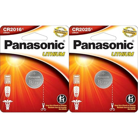 Panasonic CR2016 3.0 Volt Long Lasting Lithium Coin Cell Batteries in Child Resistant, 1-Battery Pack & CR2025 3.0 Volt Long Lasting Lithium Coin Cell Batteries in Child Resistant, 1-Battery Pack 1 Count (Pack of 2) Battery + Batteries, CR2025