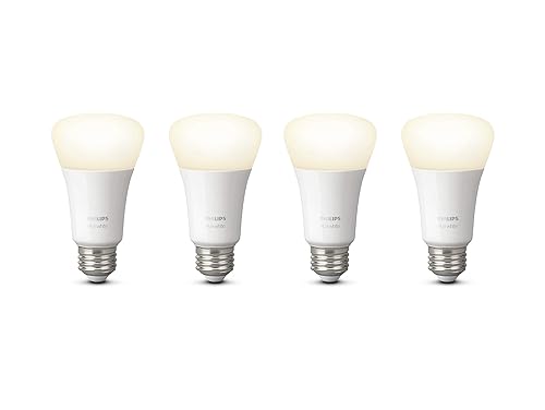 Philips Hue White 10W Equivalent 60W A19 Base E26 LED Smart Bulb, Dimmable, Bluetooth & Zigbee Compatible, Voice Activated with Alexa & Google Assistant, 4-Pack