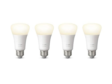 Philips Hue White 10W Equivalent 60W A19 Base E26 LED Smart Bulb, Dimmable, Bluetooth & Zigbee Compatible, Voice Activated with Alexa & Google Assistant, 4-Pack