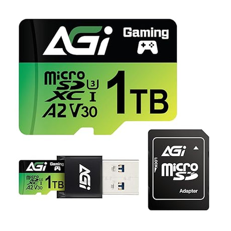 AGI 1TB TF138 MicroSD Memory, High-Capacity Storage Suit for Gaming. MicroSDXC A2 U3 V30 4K UHS-I U3 (Read Speed up to 170 MB/s, Write Speed up to 160 MB/s) with Type A Card Reader and SD Card Adapter