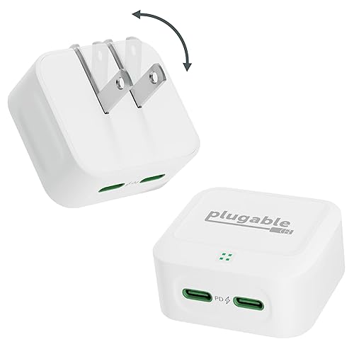 Plugable Dual USB C Charger Block, 40W Foldable 2-Port Fast Charging Flat USB C Wall Charger, Power Delivery for iPhone 15, iPad, AirPods, Samsung Galaxy, Pixel (PS-40C2W) White