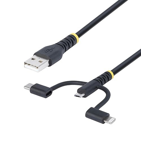 StarTech.com 3ft (1m) Rugged USB Multi Charging Cable, USB to Lightning/Micro-USB/Type-C, Apple MFi, 3-in-1 USB Charger Cord