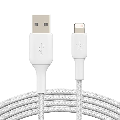 Belkin Braided Lightning Cable (Boost Charge Lightning to USB Cable for iPhone, iPad, AirPods) MFi-Certified iPhone Charging Cable, Braided Lightning Cable, 6.5ft/2m, White (CAA002bt2MWH) Braided 6.6 FT White