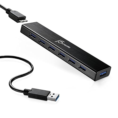j5create 7-Port Powered USB 3.0 Data Hub with 3.3 ft Extended Cable [20W Power Adapter Included] for Mac, MacBook, Windows, Laptop, Surface, XPS, PC (JUH377)