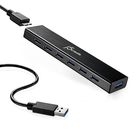 j5create 7-Port Powered USB 3.0 Data Hub with 3.3 ft Extended Cable [20W Power Adapter Included] for Mac, MacBook, Windows, Laptop, Surface, XPS, PC (JUH377)