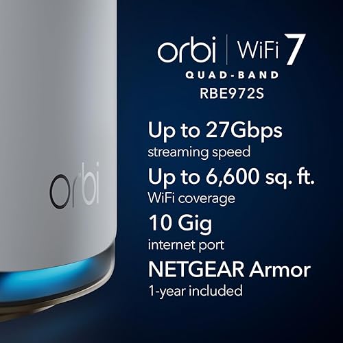 NETGEAR Orbi 970 Series Quad-Band WiFi 7 Mesh Network System (RBE972S) - Router + 1 Satellite Extender, Security Features, 27 Gbps, 6,600 sq. ft., 200 Devices, 10 Gig Internet Port – Free Expert Help WiFi 7 2-Pack
