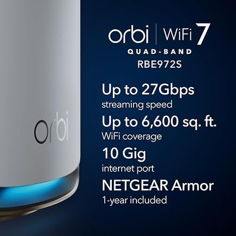 NETGEAR Orbi 970 Series Quad-Band WiFi 7 Mesh Network System (RBE972S) - Router + 1 Satellite Extender, Security Features, 27 Gbps, 6,600 sq. ft., 200 Devices, 10 Gig Internet Port – Free Expert Help WiFi 7 2-Pack
