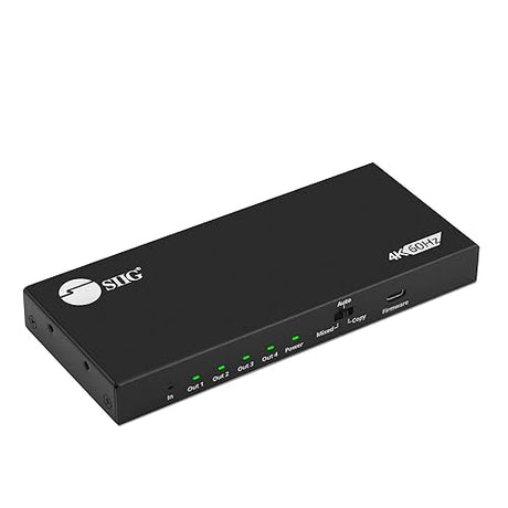 SIIG HDMI Splitter 1 in 4 Out Intelligent Video Downscaling 4K 60Hz HDR HDCP Bypass 2.2 EDID Management Digital and PCM 7.1 Audio (CE-H26C11-S1) 1x4 HDMI Splitter